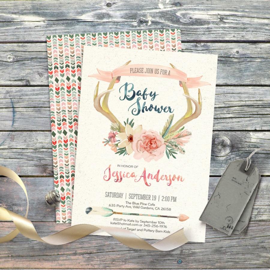 Mariage - Deer floral antlers watercolor boho baby shower invitation. Digital files. Flowers, bohemian, card, arrow tribal. Customisable. 022CMP