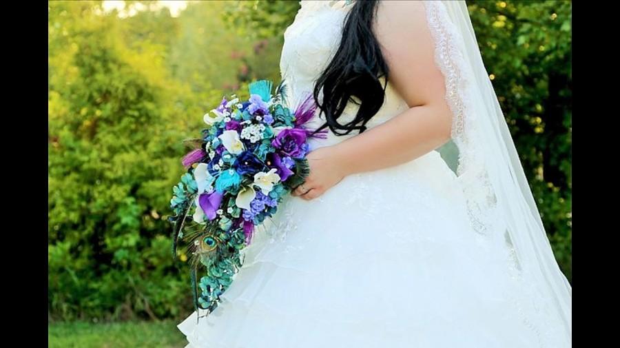 زفاف - Cascading bridal bouquet "Anjelica"  with teal hydrangeas, purple calla lilies and orchids, peacock feather accent