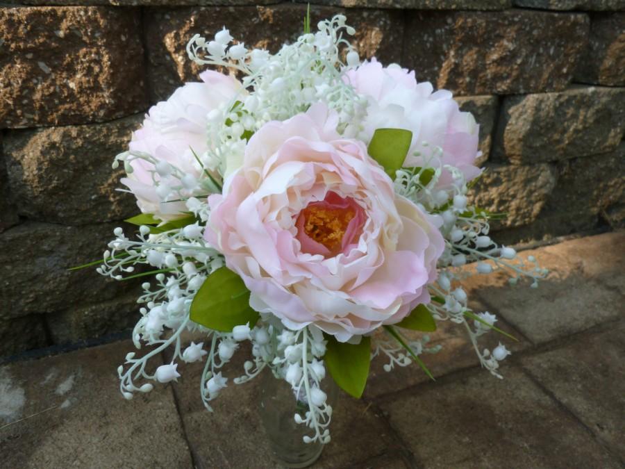 Wedding - Peony, lilies of the valley artificial bridal bouquet, blush, white fake flower, bride bouquet, rustic country bouquet, burlap and lace