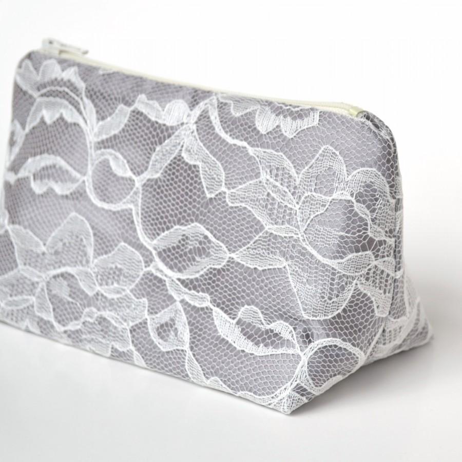 Свадьба - Cyber Monday Black Friday SALE Gray Winter Wedding Bridesmaid Gift in Satin and Ivory Lace, Cosmetic Bag