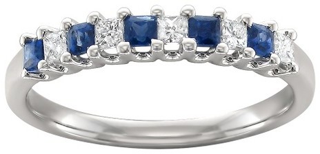 زفاف - Diamond 1/5 CT. T.W. White Diamond and Blue Sapphire Wedding Band in 14k White Gold (H-I, I1-I2)