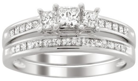 Wedding - Diamond 1 1/2CT. T.W. Three Stone Diamond Bridal Ring Set  in  14k White Gold (H-I, I1-I2)