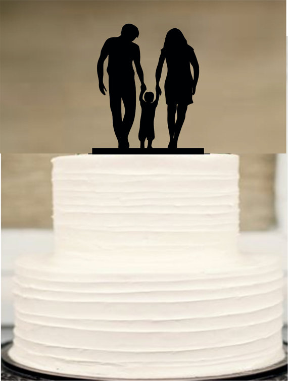 Mariage - Silhouette Wedding Cake Topper, funny Wedding Cake Topper, Bride and Groom and little boy family wedding cake topper,Rustic cake topper