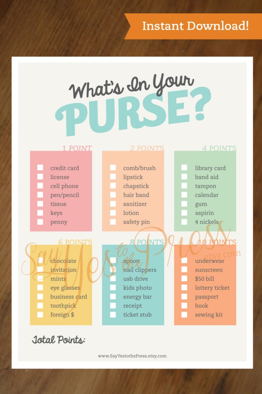 Hochzeit - WHATS in YOUR PURSE? Instant Download Bridal Shower Game