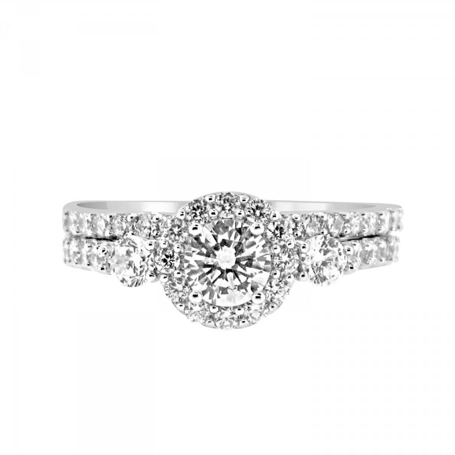 زفاف - Past Present Future 3 CZ Bridal Wedding Engagement Ring Set - Cubic Zirconia Halo with Matching Band Sterling Silver Rhodium