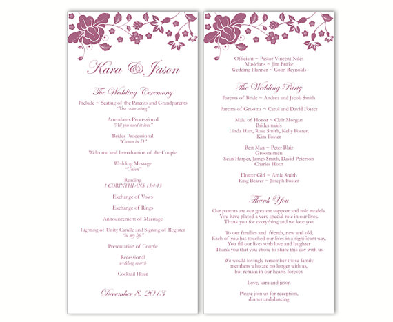 Wedding - Wedding Program Template DIY Editable Word File Instant Download Program Eggplant Program Purple Floral Program Printable Program 4x9.25