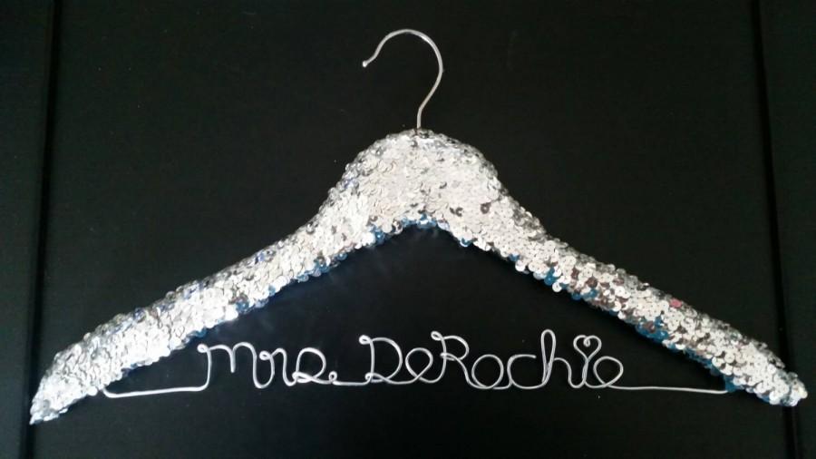 Hochzeit - Silver sequin hanger with personalized wire wording hanger/ bride hanger/ dress hanger/ flower girl/ custom hanger/ bling hanger