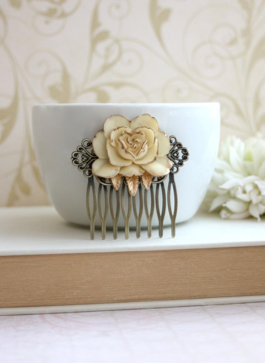 Hochzeit - Ivory Antiqued Gold, Shabby Chic, Vintage Style Ivory Rose Flower Hair Comb. Ivory Gold Rose Hair Comb. Wedding Comb. Bridesmaids Gift