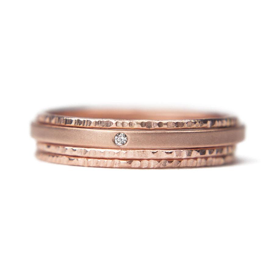 Wedding - Rose gold square diamond ring, eco friendly 1mm diamond, 14k gold, stacking ring set. Anniversary gift, simple engagement ring set