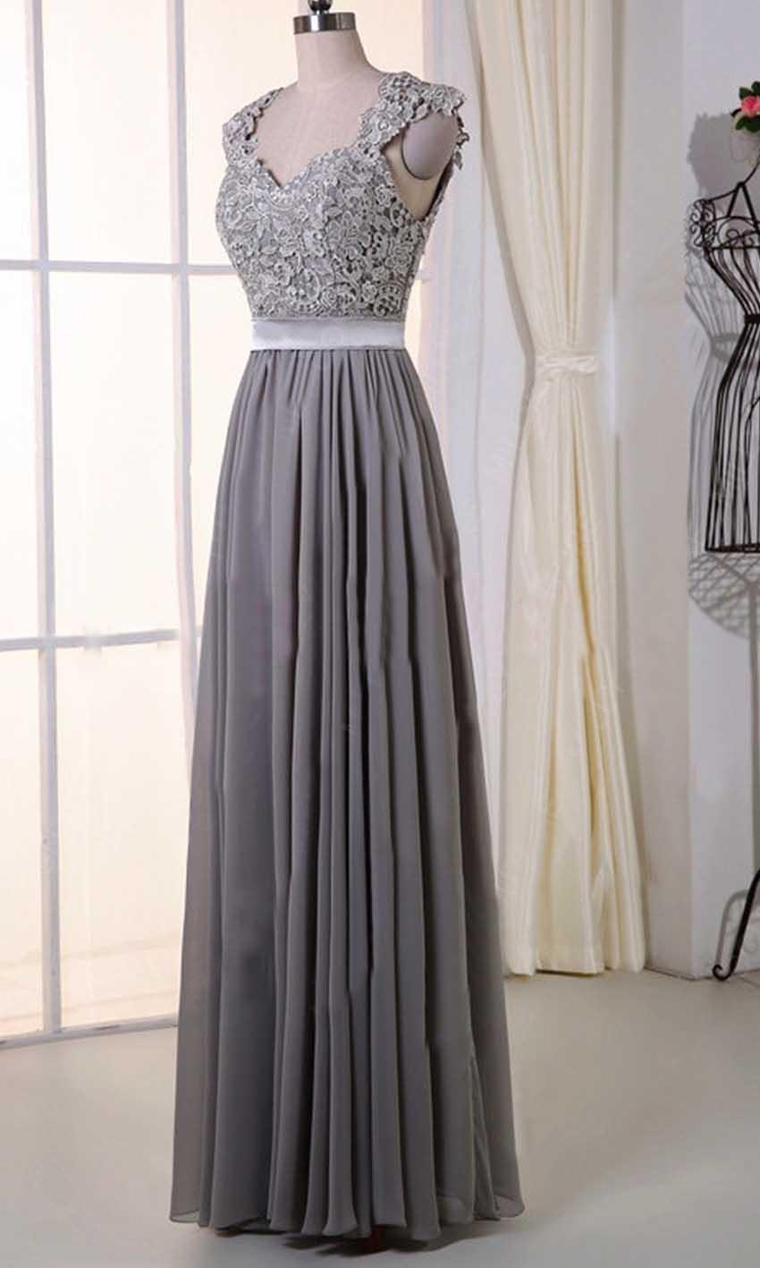 Wedding - Gray Lace Cap Sleeves Long Bridesmaid Dresses KSP385