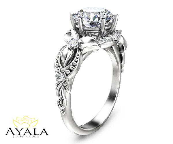 Wedding - 14K White Gold Diamond Engagement Ring Unique Engagement Ring Floral Diamond Ring