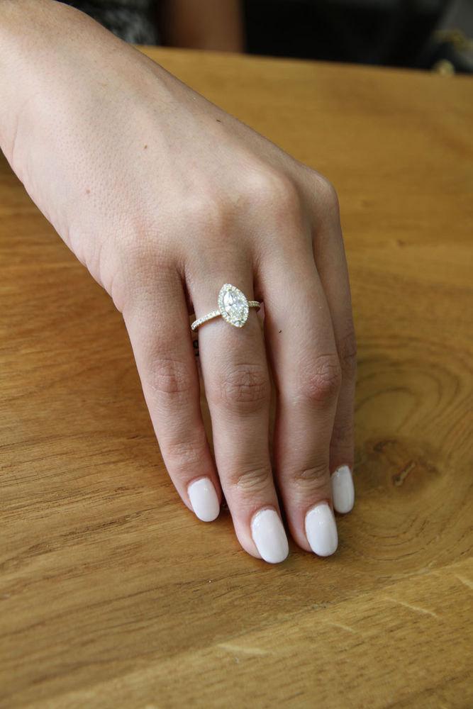 Wedding - Marquise Ring, Halo Engagement Ring, 14K Gold Ring, Halo Ring, 0.8 TCW Diamond Ring Band, Marquise Engagement Ring