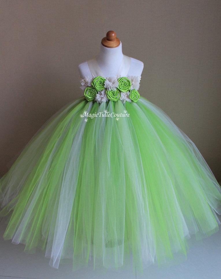 Wedding - Lime Green and Ivory Flower Girl Tutu Dress Tulle Dress Toddler Dress Birthday Dress Occassion Dress 1t2t3t4t5t6t7t8t9t10t