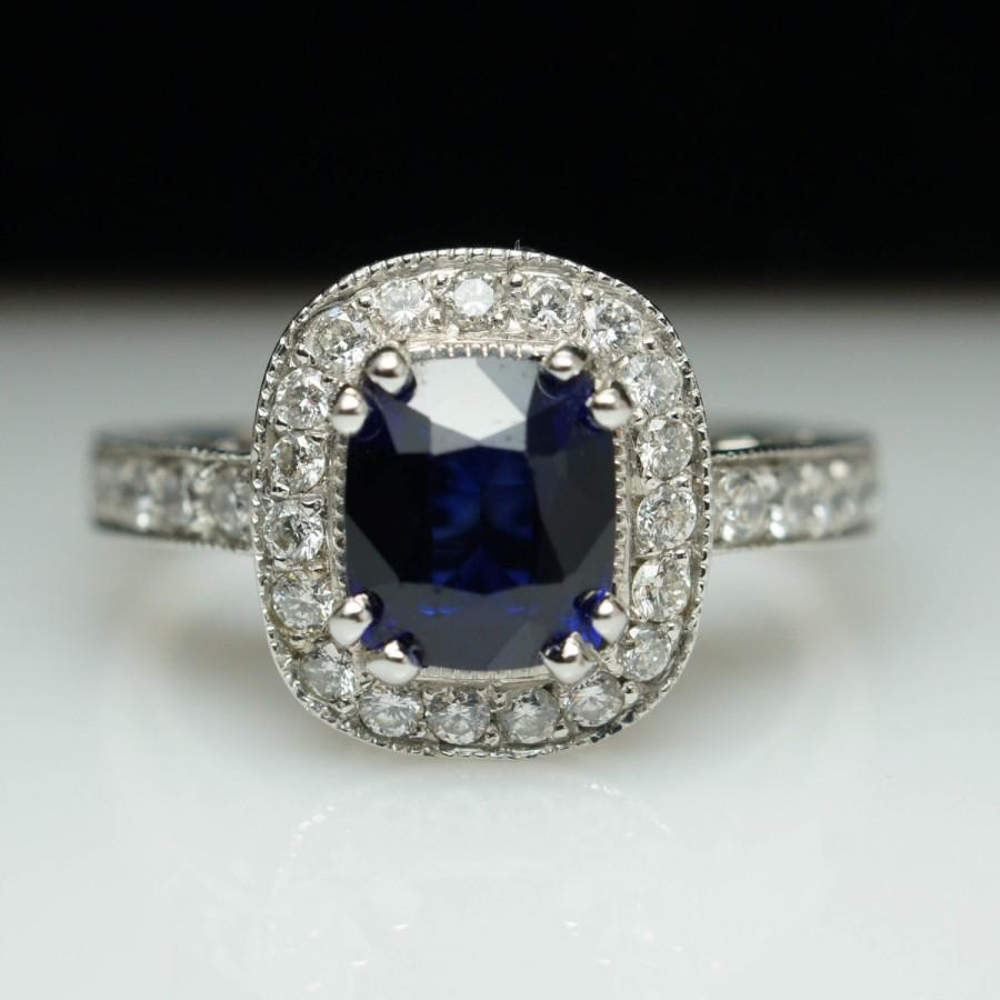 Свадьба - 2.23ctw Natural Sapphire Diamond Halo Engagement Ring 14k White Gold Sapphire Engagement Wedding Band Rectangular Cushion Cut