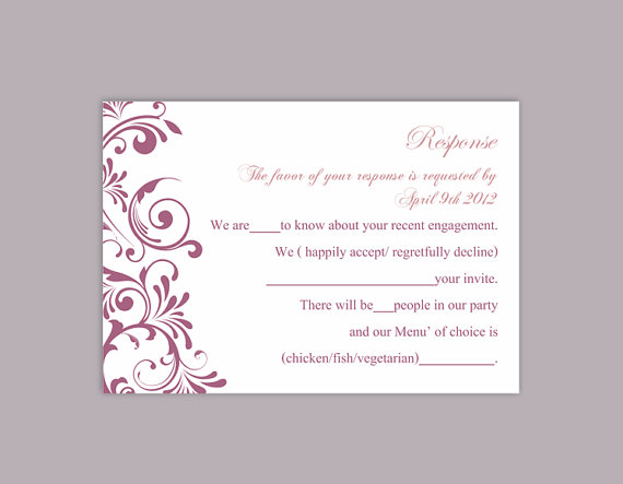 Hochzeit - DIY Wedding RSVP Template Editable Text Word File Download Rsvp Template Printable RSVP Cards Purple Eggplant Rsvp Card Elegant Rsvp Card