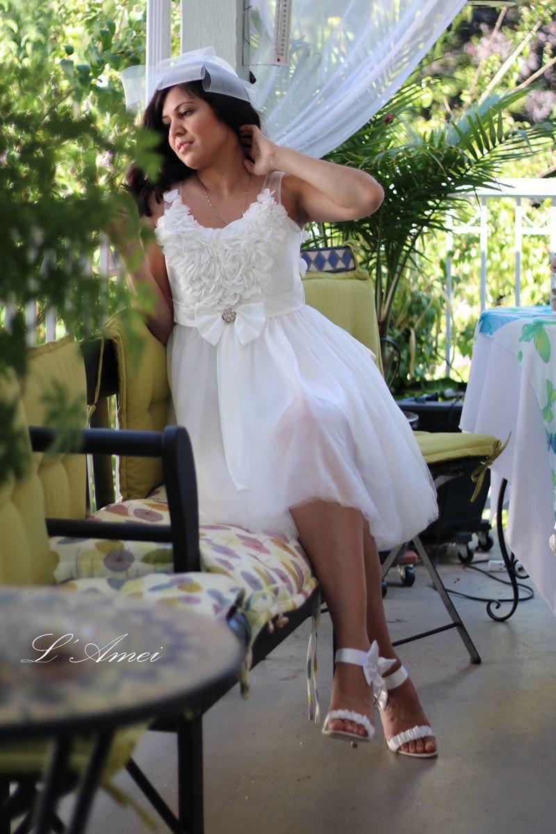 زفاف - White Ivory Short Wedding Dress with V Neckline with many attached Handmade Flowers and Full Skirt. L'Amei 2015 Collection