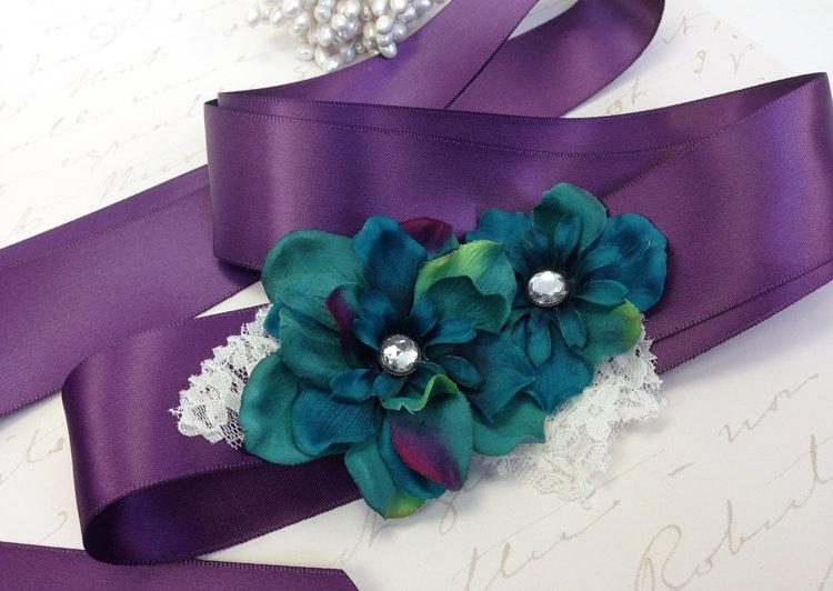 Mariage - Peacock Teal Blue Purple Sash and Hair Clip 3 Peice Set for Flower Girl - Silk Flower Headband and Belt for Wedding Pageant Birthday Gift