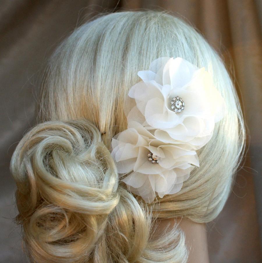 Hochzeit - Silk organza flowers hair clip for wedding reception bridal party  wedding hair piece - 2 white peonies