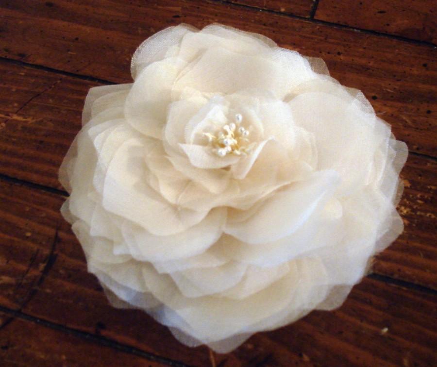 Mariage - Bridal Ivory Silk Chiffon and Silk Organza Peony Flower Brooch, Sash, Hair Piece, Stamens