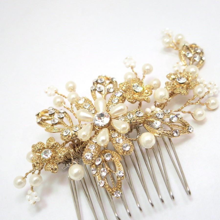 زفاف - Gold bridal hair comb, Wedding hair comb, Flower hair comb, Bridal headpiece, Rhinestone and pearl headpiece