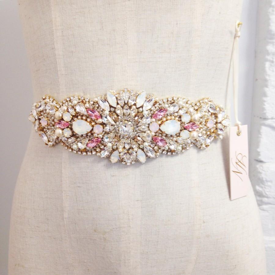 Hochzeit - Blush and Gold Crystal Bridal Sash- Crystal Bridal Sash- Crystal and Opal Bridal Sash