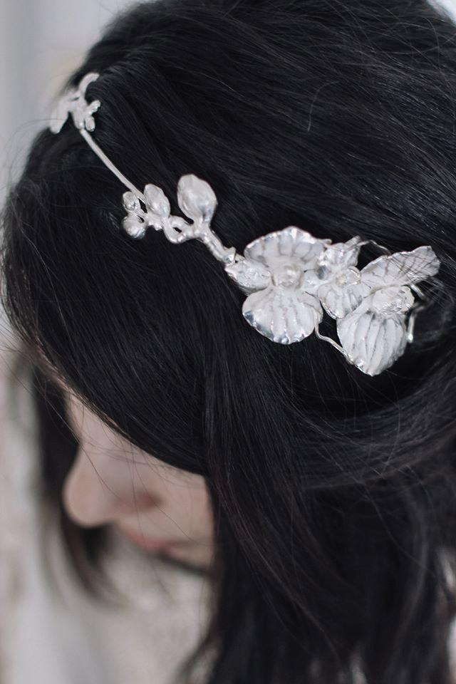 Hochzeit - Bridal headband with orchid flowers - bridal headpiece - sterling silver wedding headband - wedding hair accessory - flower crown