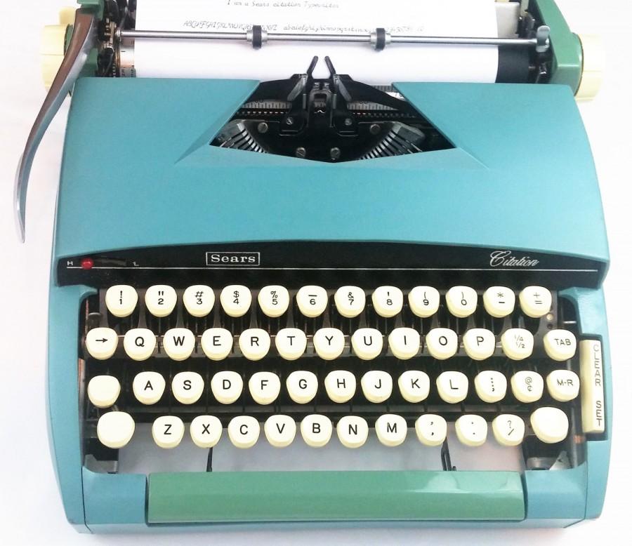 Wedding - HOLIDAY SALE: Blue Cursive 1960's Working Sears Citation Manual Typewriter With Case