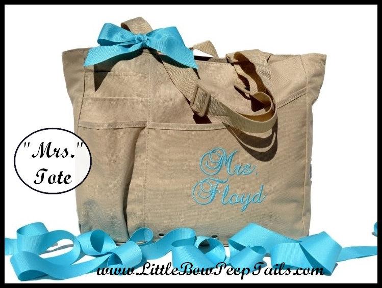 Свадьба - Mrs. and Last Name Super Feature Tote - Personalized Solid Color Bride Wedding Day Tote Teachers New Married Name Honeymoon Bag