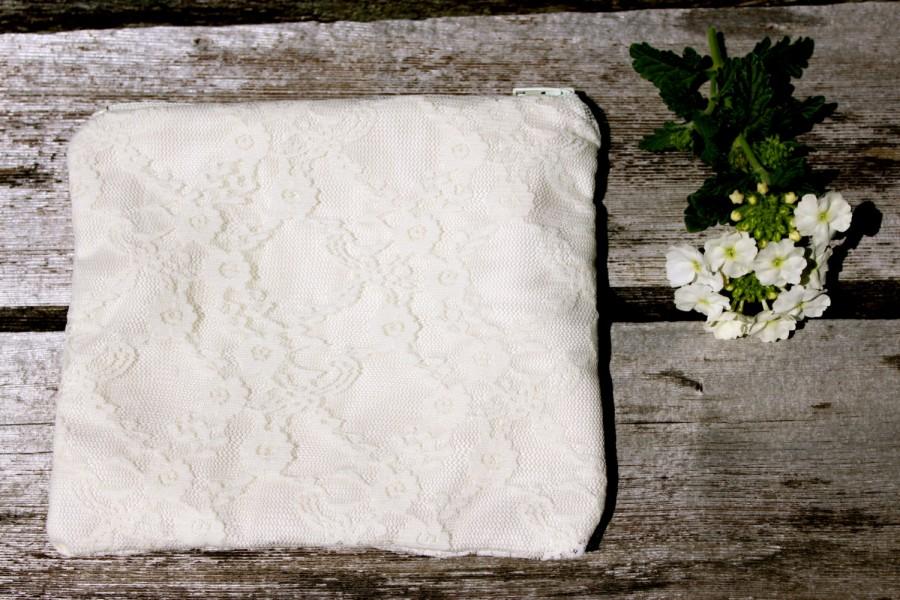 Wedding - Makeup Bag, gift for coworker, Toiletry Bag, Cosmetics Case, Travel Pouch, Overnight Bag, Bridesmaid Clutch, Gift for women, White lace bag