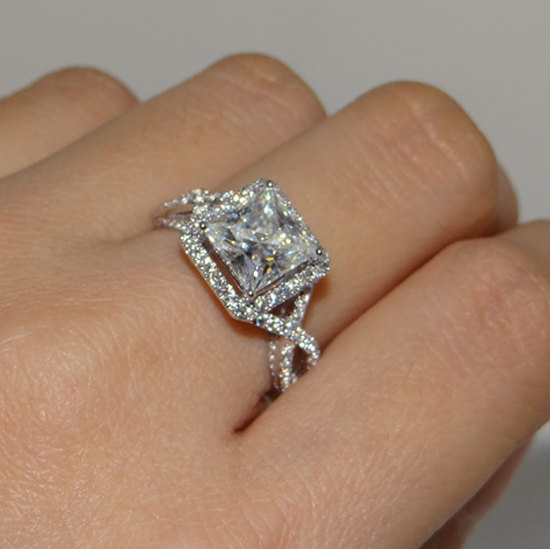 زفاف - Stunning Diamonique / White Sapphire / CZ Accents Solitaire Bridal Wedding Engagement Ring, Size 5-11
