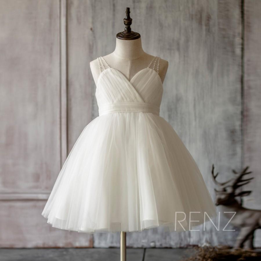 زفاف - 2015 Chiffon Junior Bridesmaid dress, Mesh Beading Strap Ruffle Ivory Flower Girl dress, Girl Puffy dress knee length (FK315)