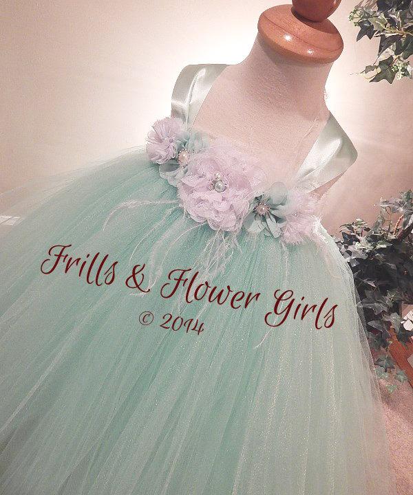 Wedding - Mint Green Flower Girl Dress with White Flowers and Feathers - Tutu Dress Rhinestones Pearl Bling for Flower Girls 12 mo up to Girls size 7