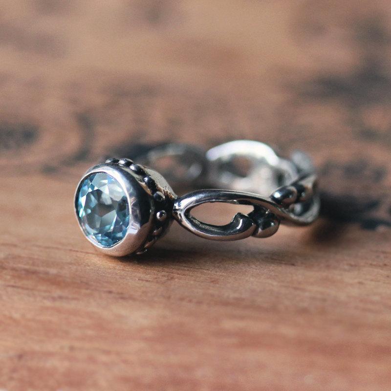 Свадьба - Blue aquamarine ring - March birthstone - infinity engagement ring - renaissance ring - artisan metalsmith - custom made to order - Wrought