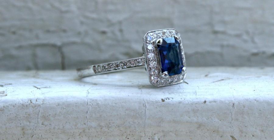 Wedding - Vintage 18K White Gold Diamond and Sapphire Halo Ring - 1.48ct.