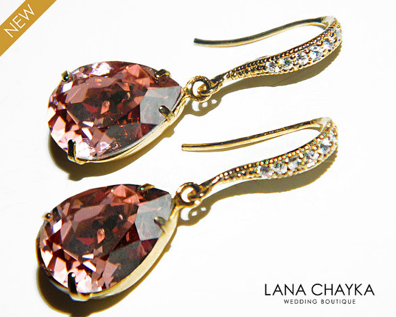 Hochzeit - Blush Rose Crystal Earrings Vintage Pink Rhinestone Earrings Vintage Rose Vermeil Gold CZ Earrings Swarovski Rhinestone Wedding Earrings