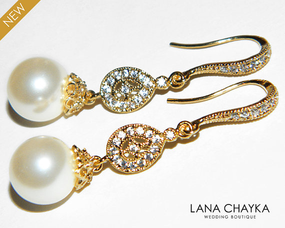 Mariage - Ivory Drop Pearl Earrings Pearl Bridal Earrings Vermeil Gold CZ Pearl Bridal Earrings Swarovski 10mm Ivory Pearl Earring Bridal Jewelry