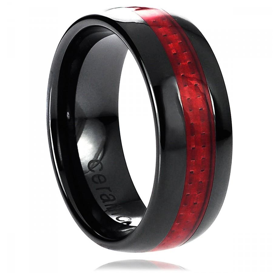 زفاف - Unisex Wedding Engagement Anniversary 8MM High Polish Black Ceramic Band With Red Carbon Fiber Inlay Personalize Men Women Ring His Hers