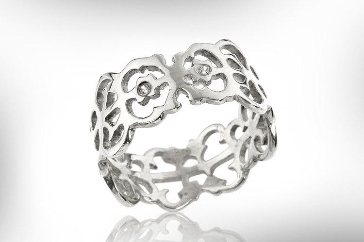 زفاف - Diamond Wedding Ring, 14K White Gold Band, Gold Engagement Ring, Statement Ring, Lace Ring, Antique, Vintage, Gift For Her, FREE SHIPPING