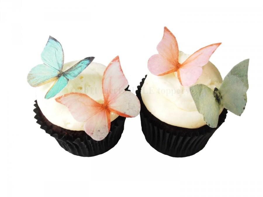 Wedding - Edible Butterflies - 24 Coral and Mint - Sage  - WEDDING CAKE Topper, Spring Wedding, Cupcake Decorations