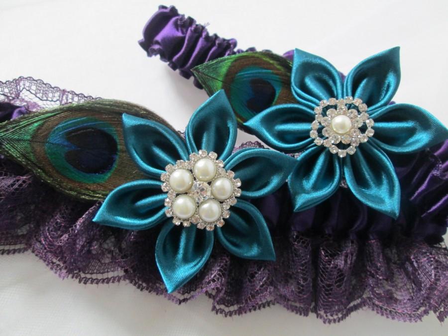 Wedding - Teal & Purple Wedding Garter Set, Peacock Garter, Plum Lace Bridal Garter with Teal Kanzashi Flower, Art Deco, Rustic, Vintage
