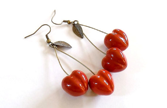 Hochzeit - Cherry Earrings Red, cherry jewelry, bright jewelry, handmade, red jewelry, pin-up, cherries