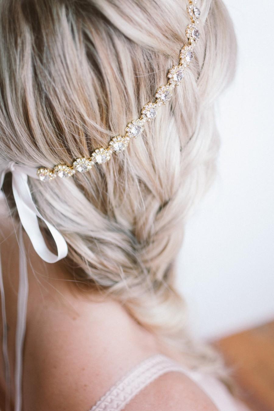 Wedding - Delicate Gold Flower Crystal Bridal Halo, Bridal Rhinestone Halo Head Piece