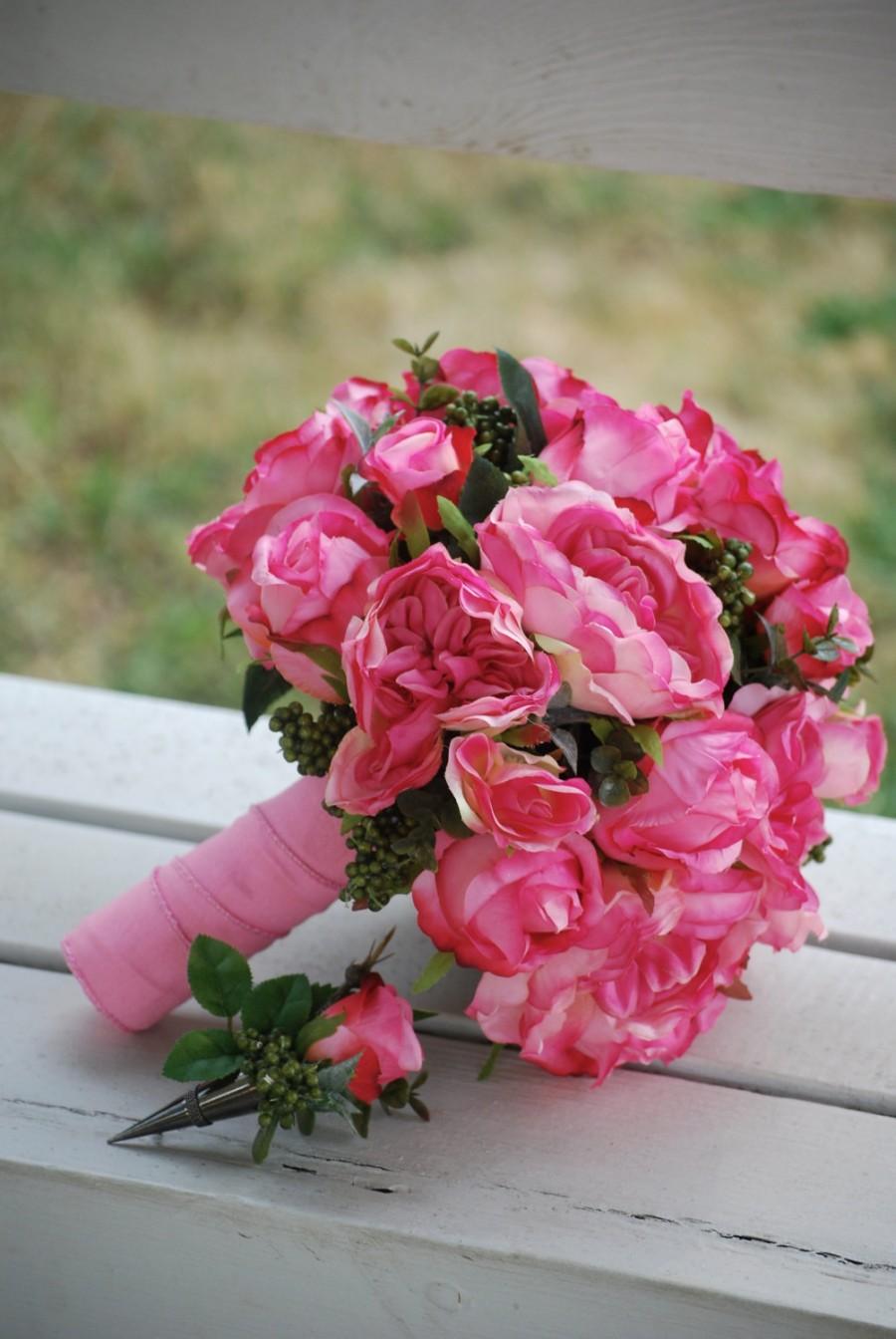 Свадьба - Silk bridal bouquet hot pink, cerise, cabbage rose, greens, summer, matching boutonnieer