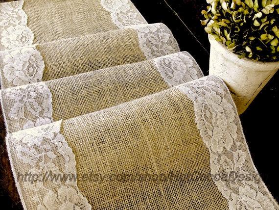 Свадьба - Country wedding table runner burlap and lace wedding rustic table linens bridal shower party, handmade in the USA