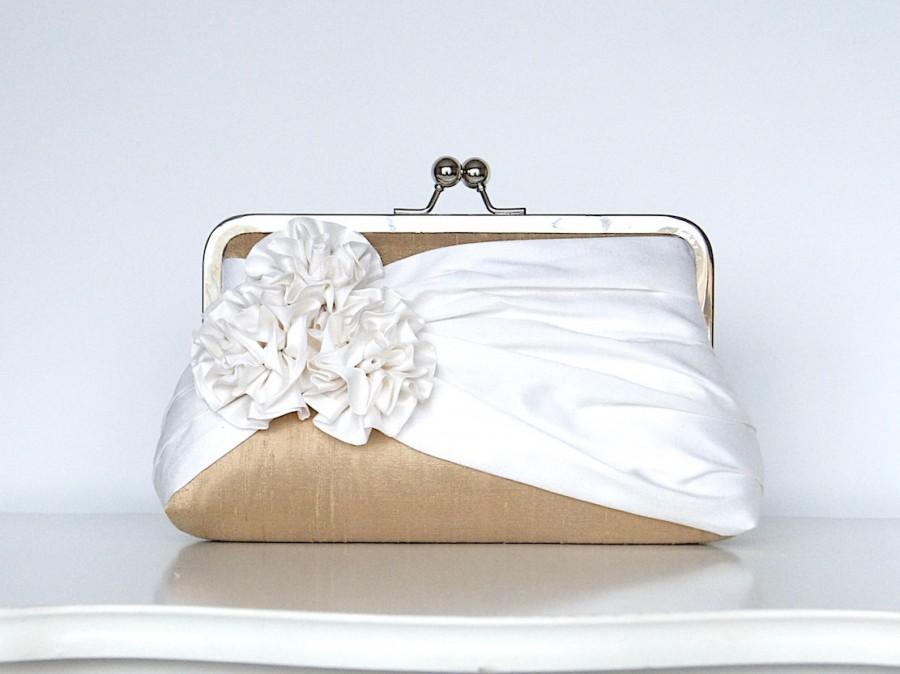 Wedding - Roses Silk Clutch in Tan and Ivory, Wedding clutch, Wedding purse, Bridesmaid clutch