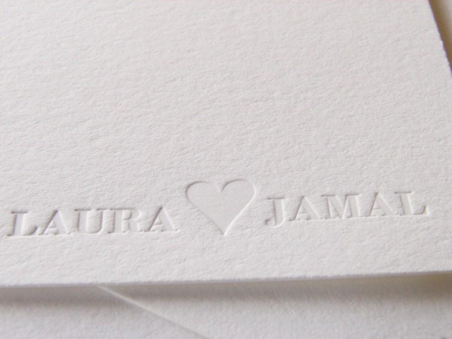 Свадьба - Personalized Wedding Thank You Letterpress Cards Names with Heart  Set 100