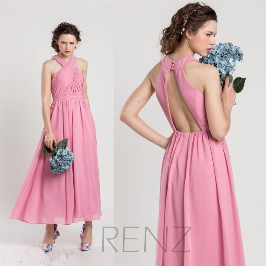 زفاف - 2015 Pink Sleeveless Halter backless Bridesmaid dress, Long Wedding dress, Chiffon party dress, Formal dress tea length (F028)