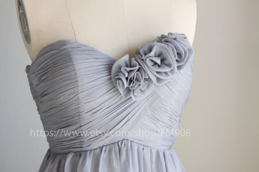 Свадьба - 2015 Gray Bridesmaid dress, Grey Formal dress, Flower Sweetheart Party dress, Short Strapless Prom dress, Rosette dress knee length (B001B)