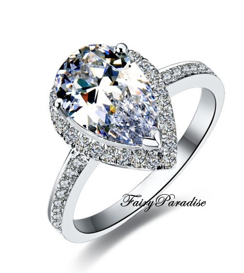 زفاف - Art Deco 2 Ct Pear Cut lab made Diamond Halo setting Promise Engagement Wedding Cocktail Ring w gift box - made to order ( FairyParadise )