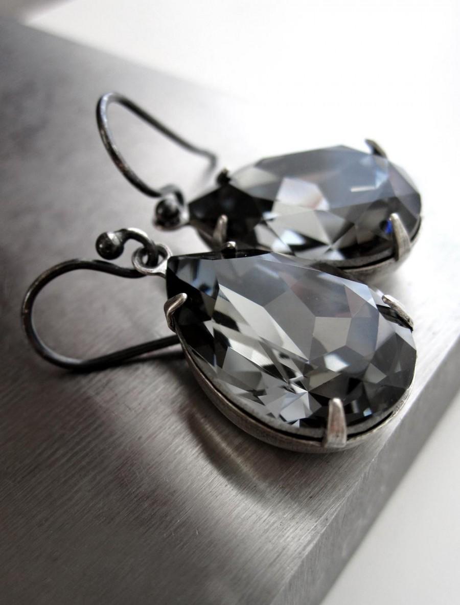 Hochzeit - Black Night Crystal Teardrop Earrings - Grey Gray Swarovski Crystal, Bridesmaid Earrings, Bridal Jewelry, Formal Evening Wedding Jewelry